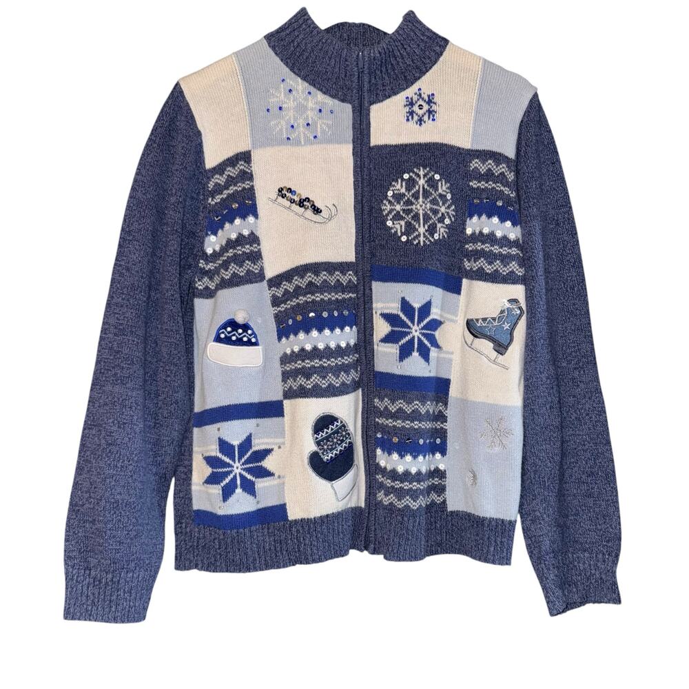 Classic Elements Winter Cardigan Zip Up Womens Large Patchwork Holiday Christmas